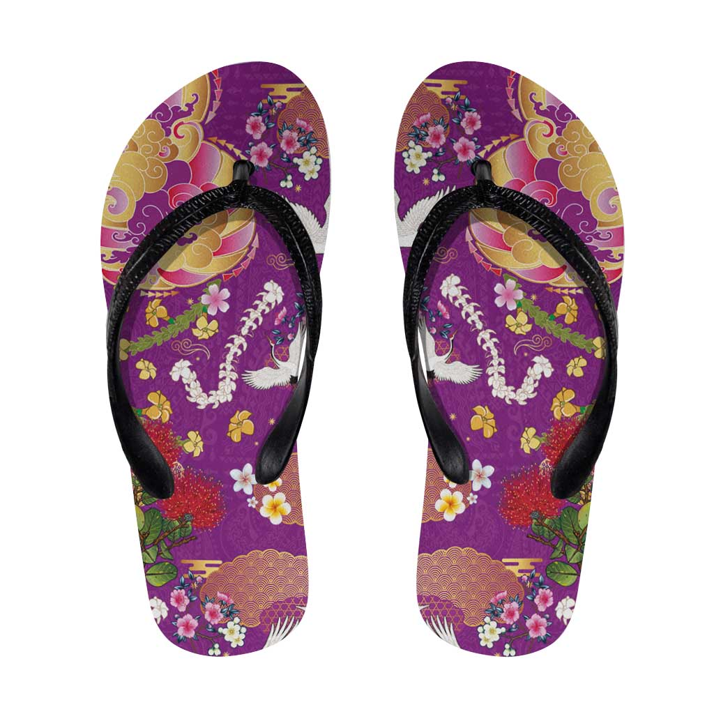 Hawaiian and Japanese Culture Together Flip Flops Kakau Tribal Pattern and Irezumi Art Purple Color LT03 Purple - Polynesian Pride