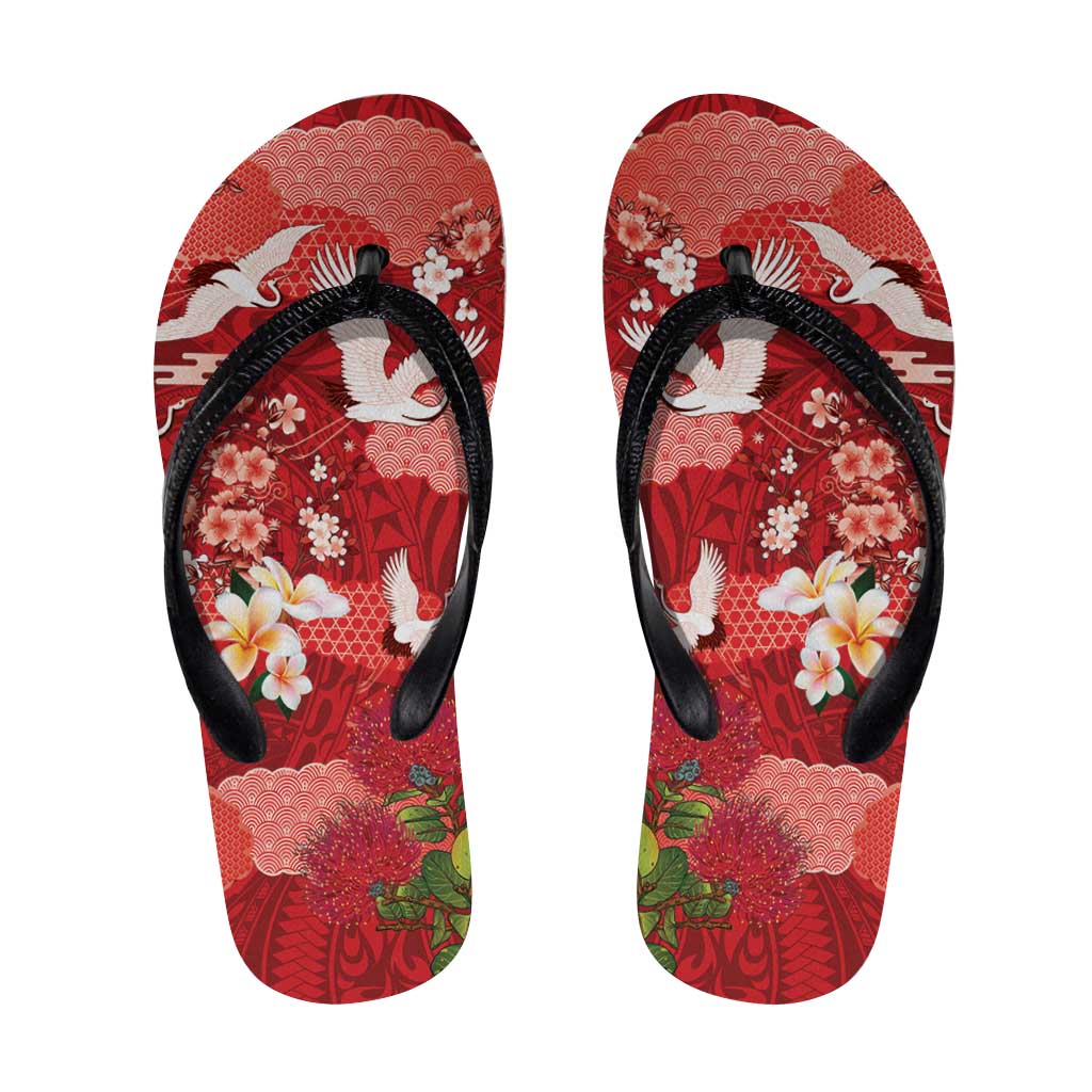 Hawaiian and Japanese Culture Together Flip Flops Red Ohia Lehua Plumeria and Sakura Blooming - Polynesian Pride