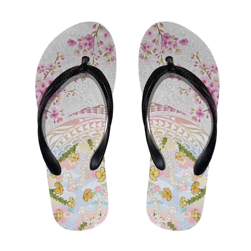 Hawaiian and Japanese Culture Together Flip Flops Tribal Motifs with Lei and Japanese Sakura Pattern LT03 White - Polynesian Pride
