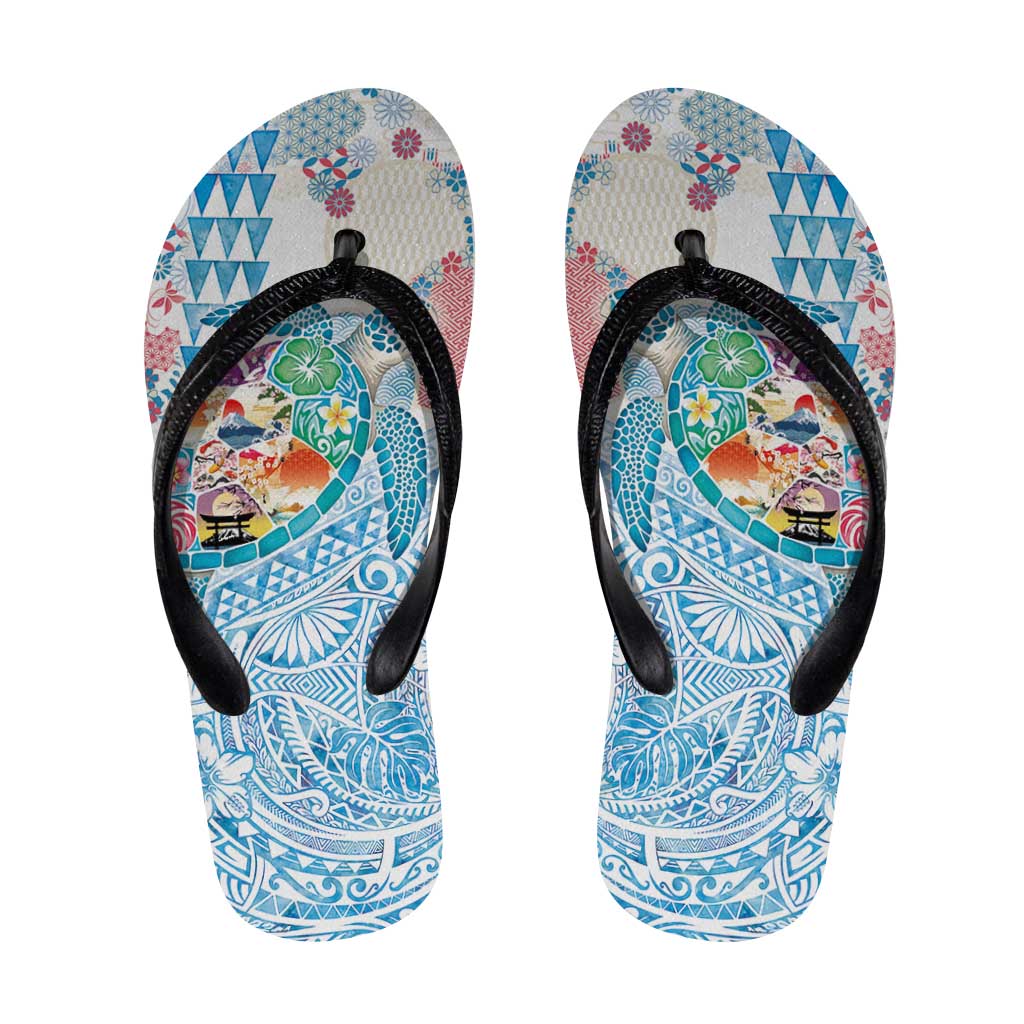 Hawaiian and Japanese Culture Together Flip Flops Tropical Honu with Japanese Elements Blue Color LT03 Blue - Polynesian Pride