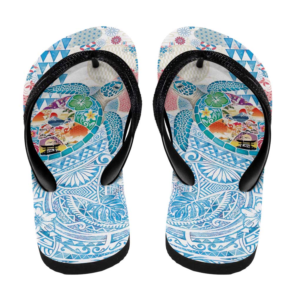 Hawaiian and Japanese Culture Together Flip Flops Tropical Honu with Japanese Elements Blue Color LT03 - Polynesian Pride