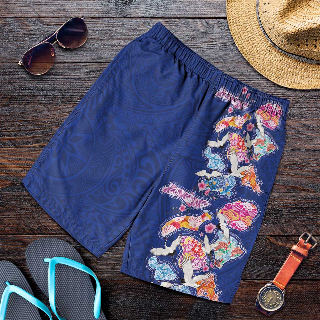 Hawaiian and Japanese Culture Together Shorts for Men Hawaiian Archipelago Shape Sea Animals