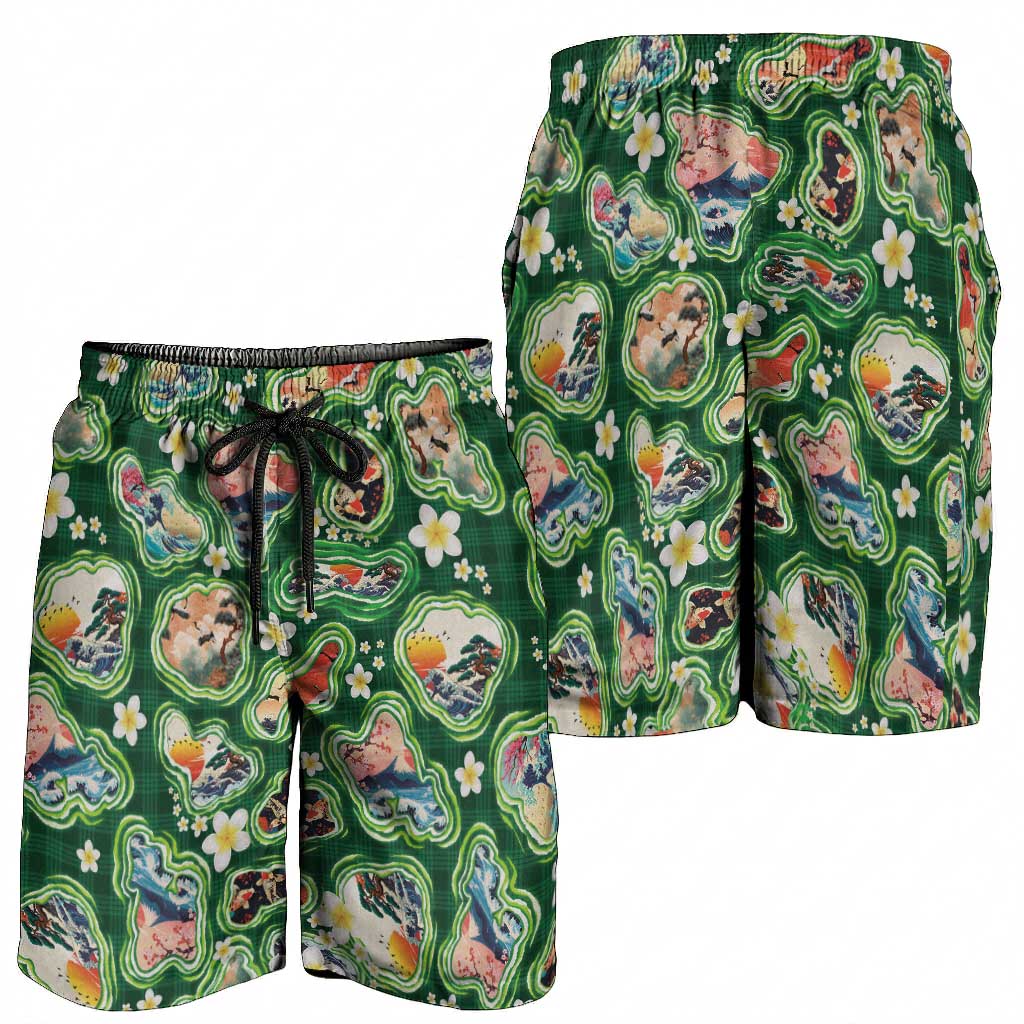 Hawaiian and Japanese Culture Together Shorts for Men Hawaiian Island Shapes with Japanese Landscape Green Color