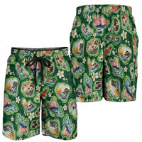 Hawaiian and Japanese Culture Together Shorts for Men Hawaiian Island Shapes with Japanese Landscape Green Color