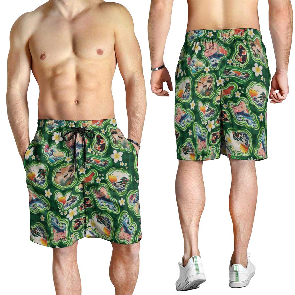 Hawaiian and Japanese Culture Together Shorts for Men Hawaiian Island Shapes with Japanese Landscape Green Color