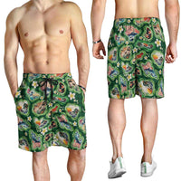 Hawaiian and Japanese Culture Together Shorts for Men Hawaiian Island Shapes with Japanese Landscape Green Color