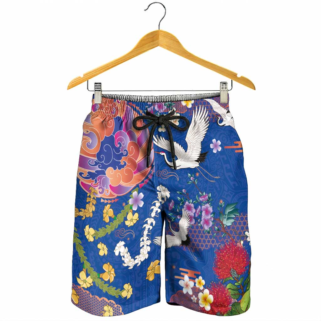 Hawaiian and Japanese Culture Together Shorts for Men Kakau Tribal Pattern and Irezumi Art Blue Color