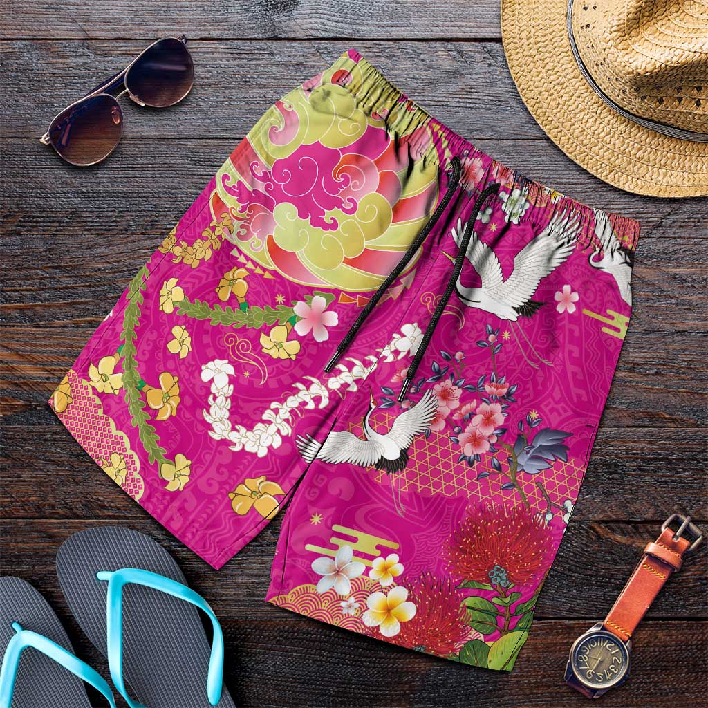 Hawaiian and Japanese Culture Together Shorts for Men Kakau Tribal Pattern and Irezumi Art Pink Color LT03 Pink - Polynesian Pride