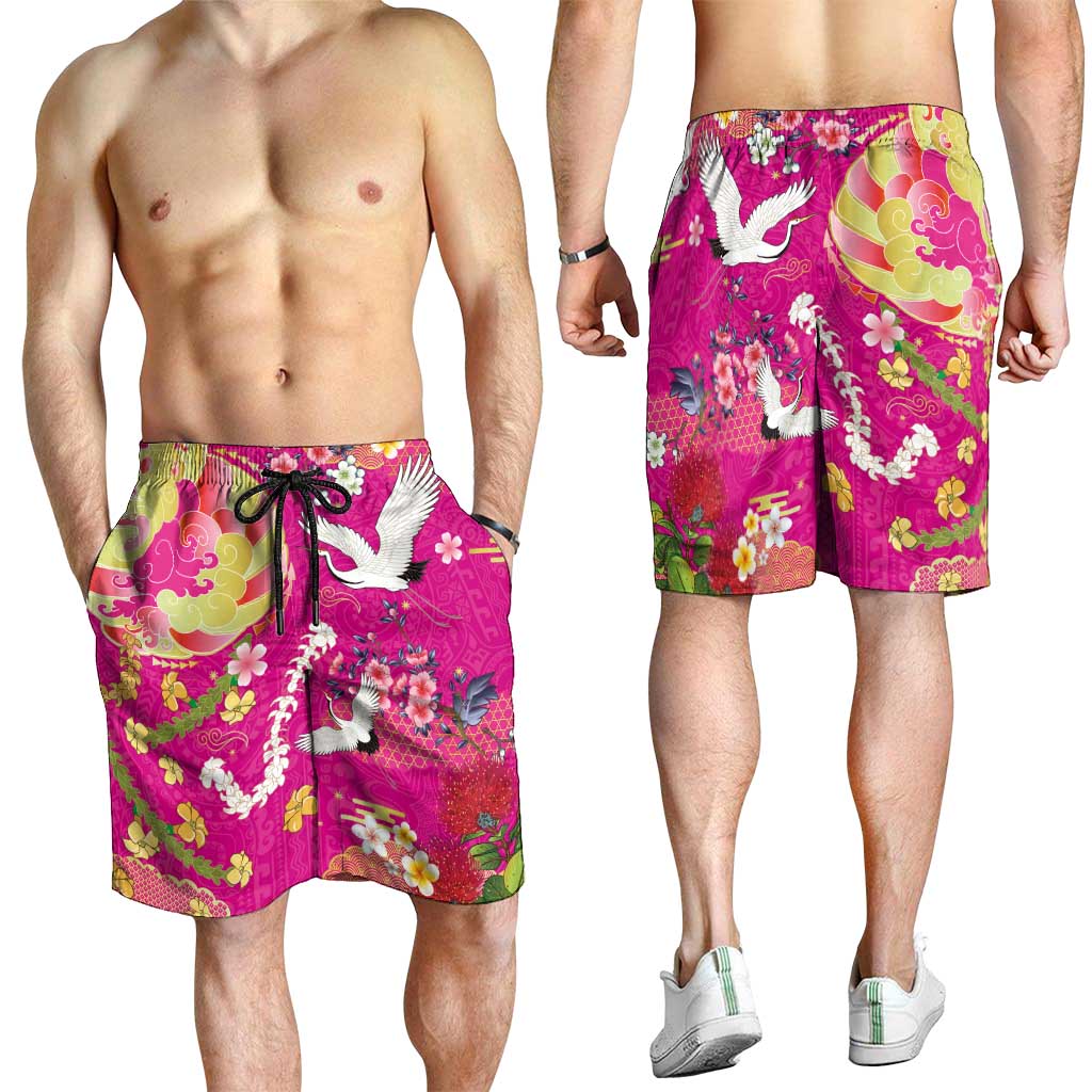 Hawaiian and Japanese Culture Together Shorts for Men Kakau Tribal Pattern and Irezumi Art Pink Color LT03 - Polynesian Pride
