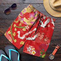 Hawaiian and Japanese Culture Together Shorts for Men Kakau Tribal Pattern and Irezumi Art Red Color