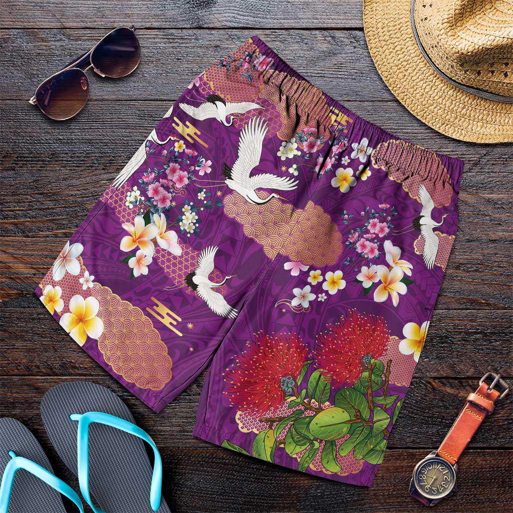 Hawaiian and Japanese Culture Together Shorts for Men Purple Ohia Lehua Plumeria and Sakura Blooming LT03 Purple - Polynesian Pride