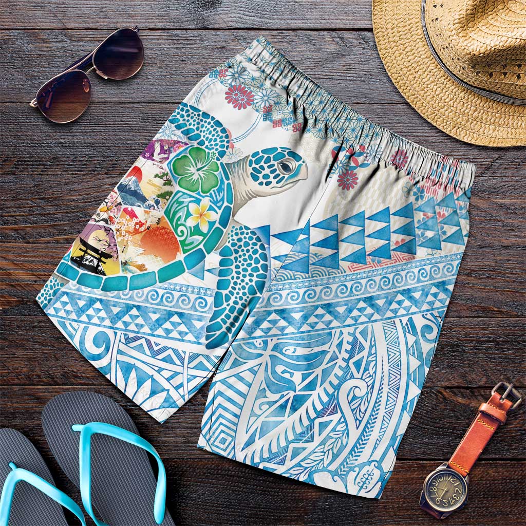 Hawaiian and Japanese Culture Together Shorts for Men Tropical Honu with Japanese Elements Blue Color LT03 Blue - Polynesian Pride