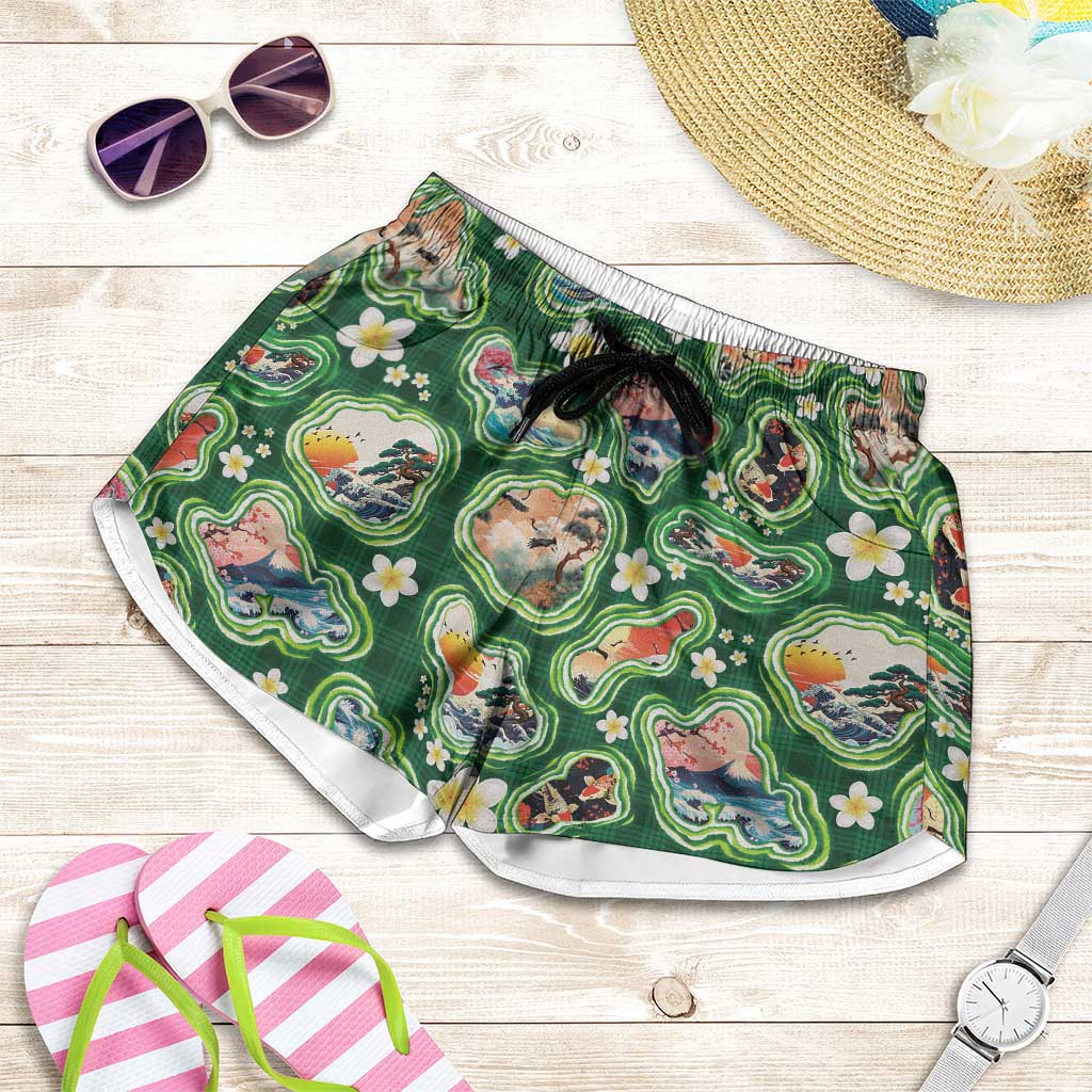Hawaiian and Japanese Culture Together Shorts for Women Hawaiian Island Shapes with Japanese Landscape Green Color