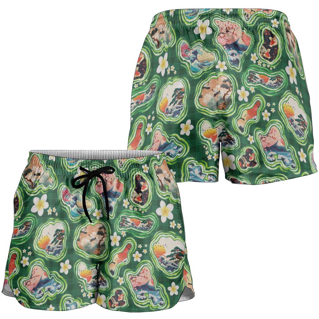 Hawaiian and Japanese Culture Together Shorts for Women Hawaiian Island Shapes with Japanese Landscape Green Color