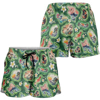Hawaiian and Japanese Culture Together Shorts for Women Hawaiian Island Shapes with Japanese Landscape Green Color
