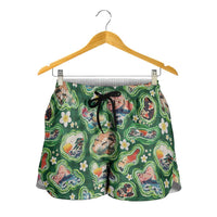 Hawaiian and Japanese Culture Together Shorts for Women Hawaiian Island Shapes with Japanese Landscape Green Color