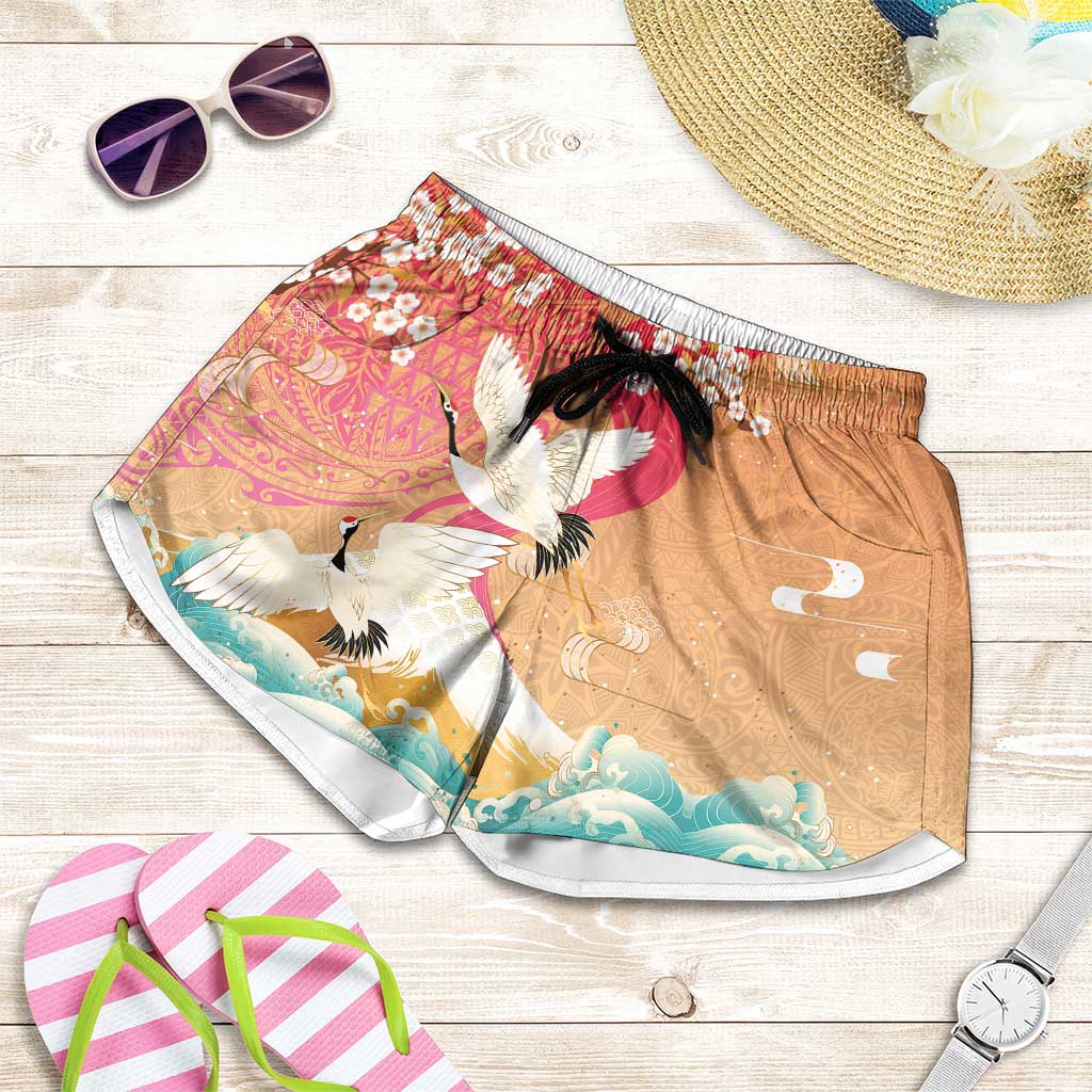 Hawaiian and Japanese Culture Together Shorts for Women Kakau Art Tattoo with Cranes and Sakura Spring Vibe LT03 Multicolor - Polynesian Pride