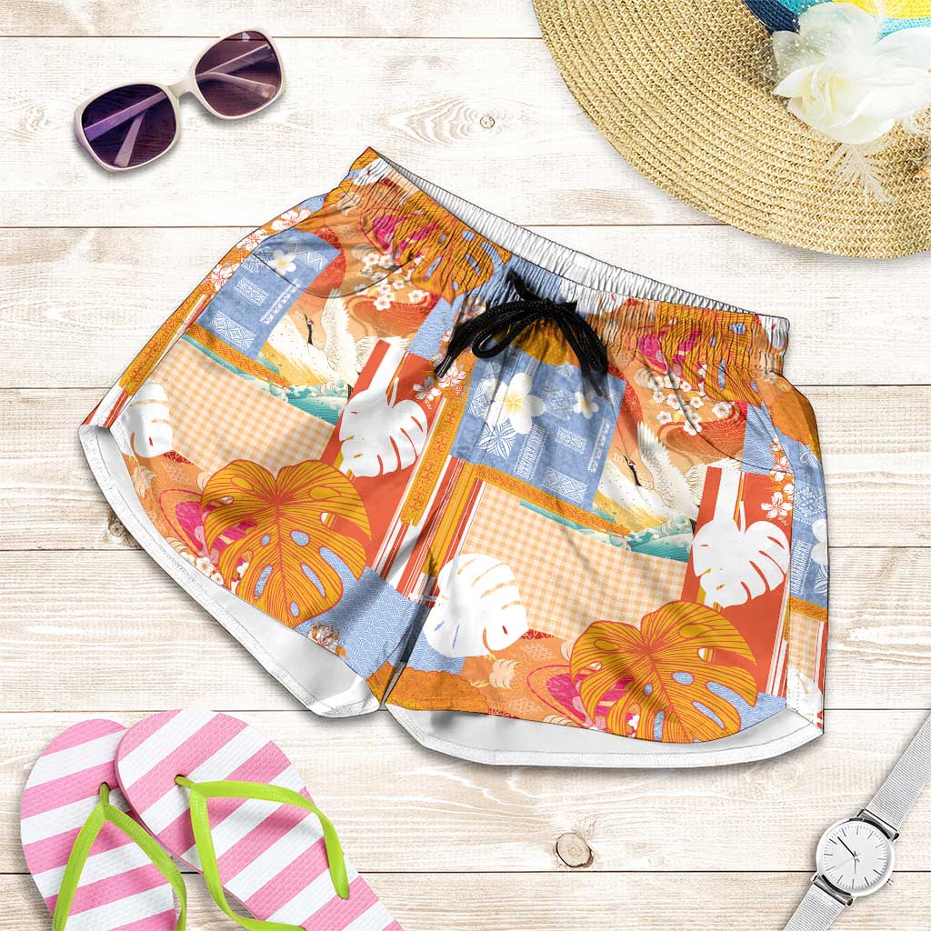 Hawaiian and Japanese Culture Together Shorts for Women Palaka Japanese Art and Tropical Motif Tribal Patchwork LT03 Multicolor - Polynesian Pride
