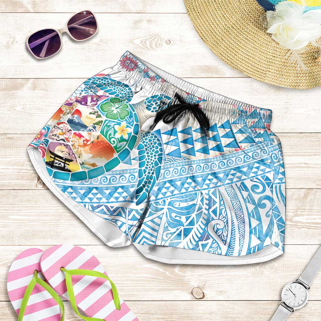 Hawaiian and Japanese Culture Together Shorts for Women Tropical Honu with Japanese Elements Blue Color LT03 Blue - Polynesian Pride