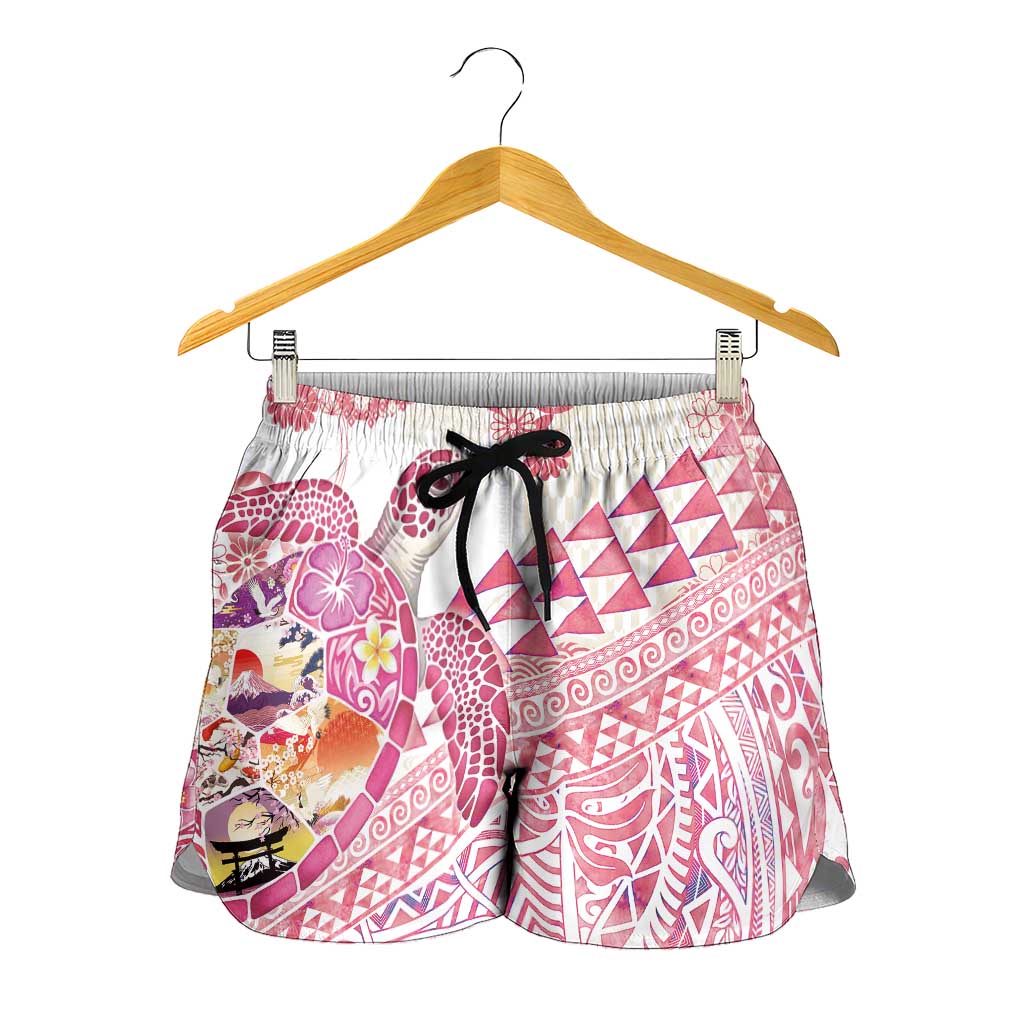 Hawaiian and Japanese Culture Together Shorts for Women Tropical Honu with Japanese Elements Pink Color