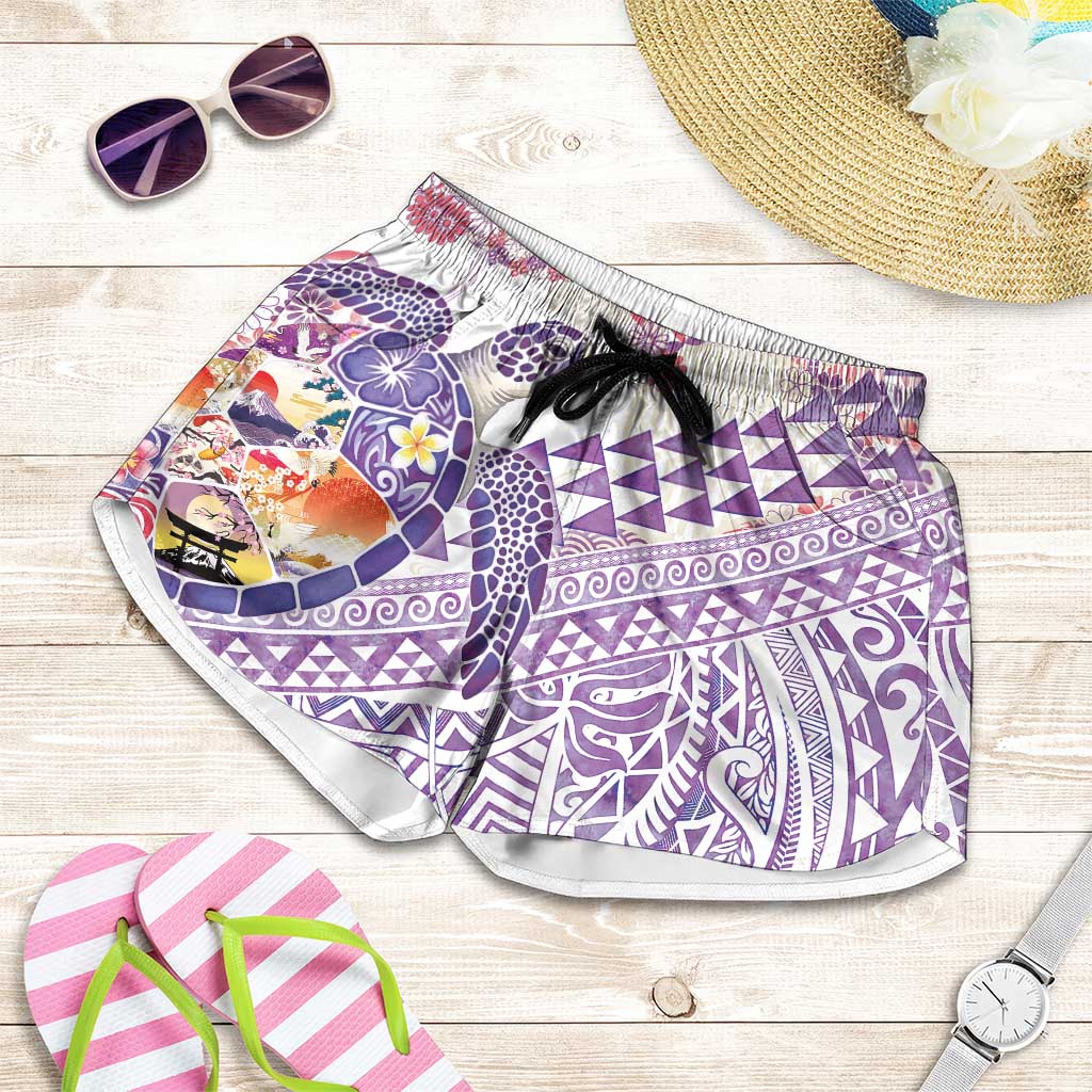 Hawaiian and Japanese Culture Together Shorts for Women Tropical Honu with Japanese Elements Purple Color LT03 Purple - Polynesian Pride