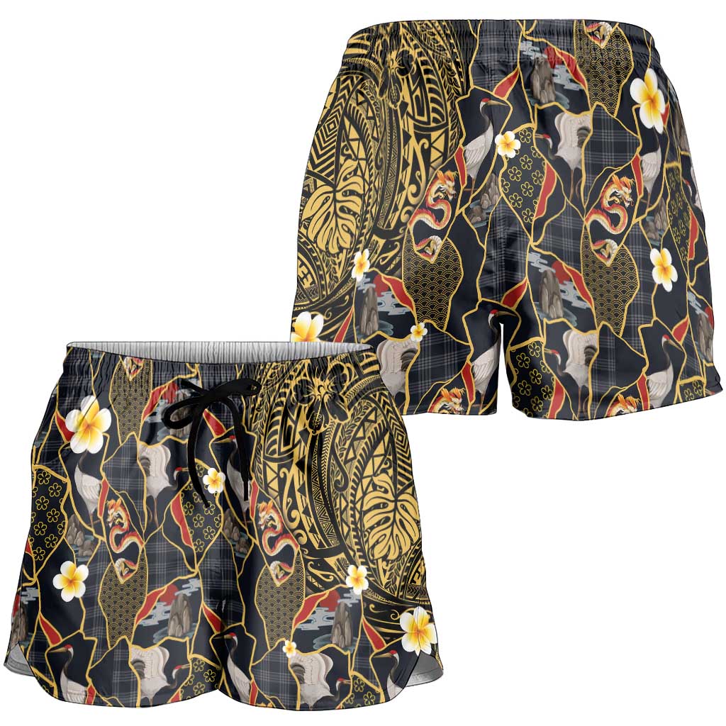 Hawaiian and Japanese Shorts for Women Polynesian Tattoo with Japanese Culture Kintsugi Style LT03 - Polynesian Pride