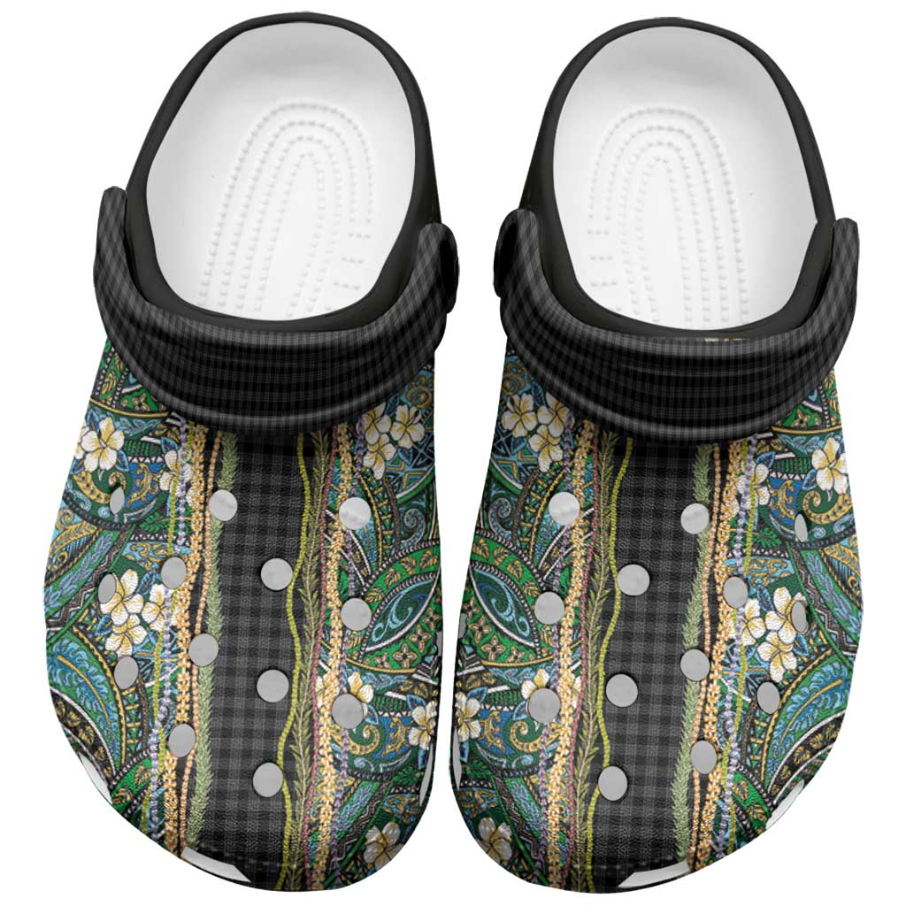 Hawaiian Art Flower Tribal with Lei Clogs Shoes Palaka Pattern Black Color - Polynesian Pride