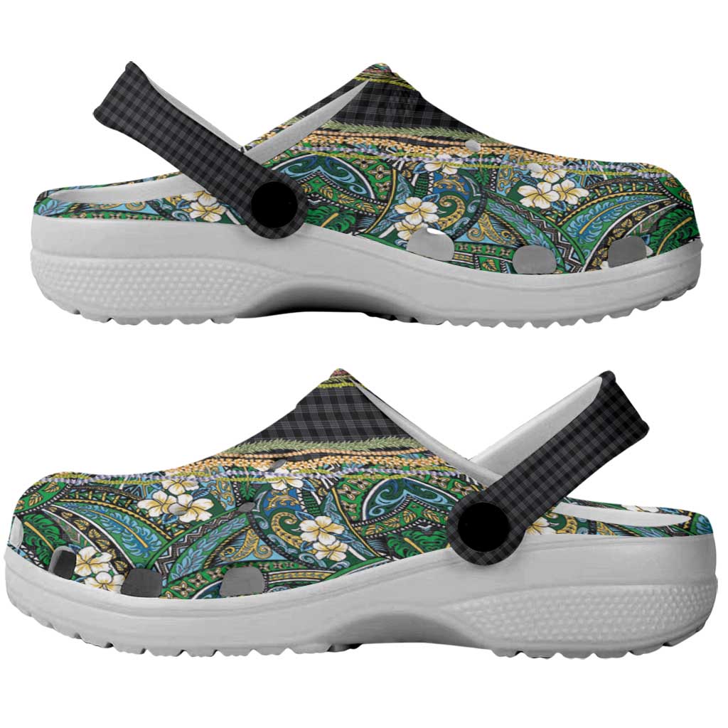 Hawaiian Art Flower Tribal with Lei Clogs Shoes Palaka Pattern Black Color LT03 - Polynesian Pride