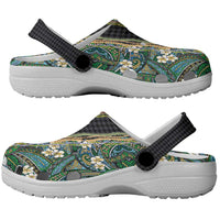 Hawaiian Art Flower Tribal with Lei Clogs Shoes Palaka Pattern Black Color LT03 - Polynesian Pride