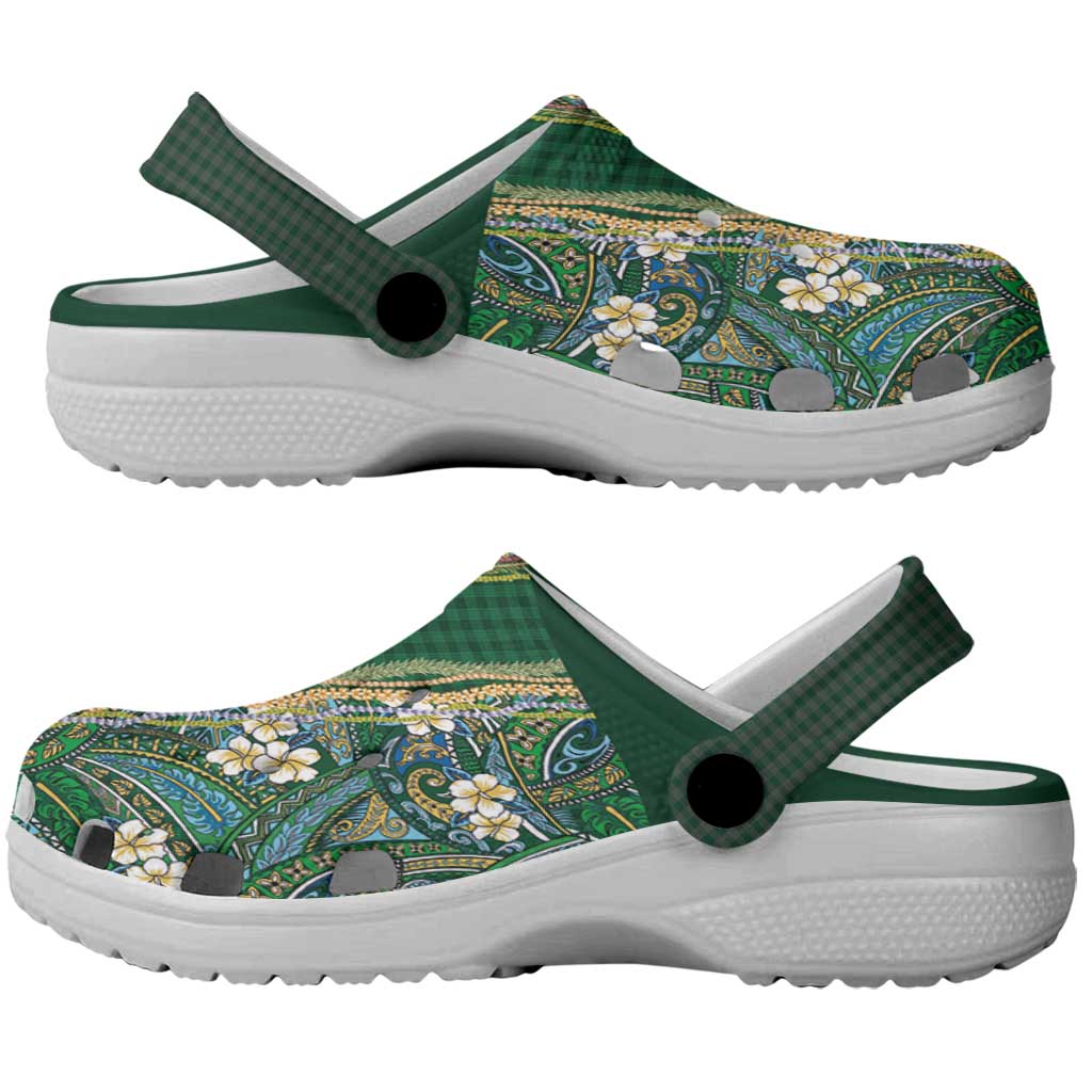 Hawaiian Art Flower Tribal with Lei Clogs Shoes Palaka Pattern Green Color - Polynesian Pride