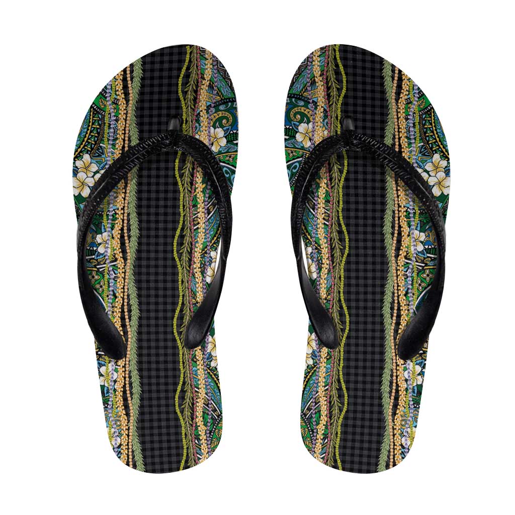 Hawaiian Art Flower Tribal with Lei Flip Flops Palaka Pattern Black Color - Polynesian Pride