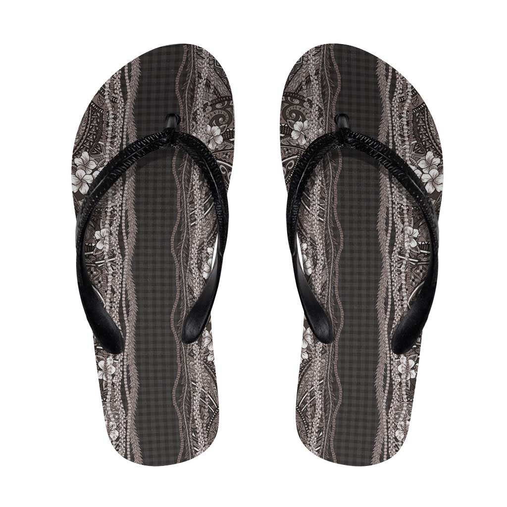 Hawaiian Art Flower Tribal with Lei Flip Flops Palaka Pattern Grayscale - Polynesian Pride