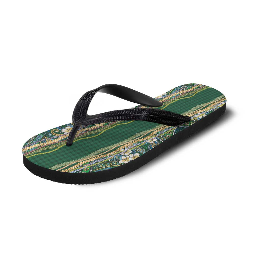 Hawaiian Art Flower Tribal with Lei Flip Flops Palaka Pattern Green Color - Polynesian Pride