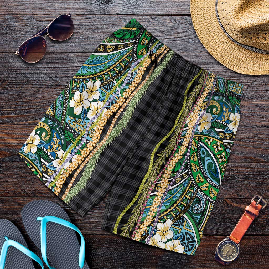Hawaiian Art Flower Tribal with Lei Shorts for Men Palaka Pattern Black Color - Polynesian Pride