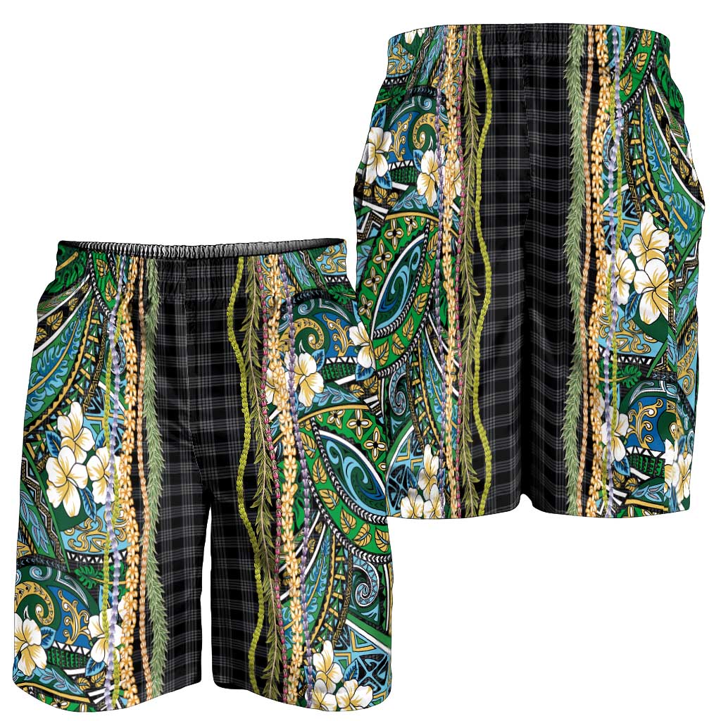 Hawaiian Art Flower Tribal with Lei Shorts for Men Palaka Pattern Black Color LT03 - Polynesian Pride