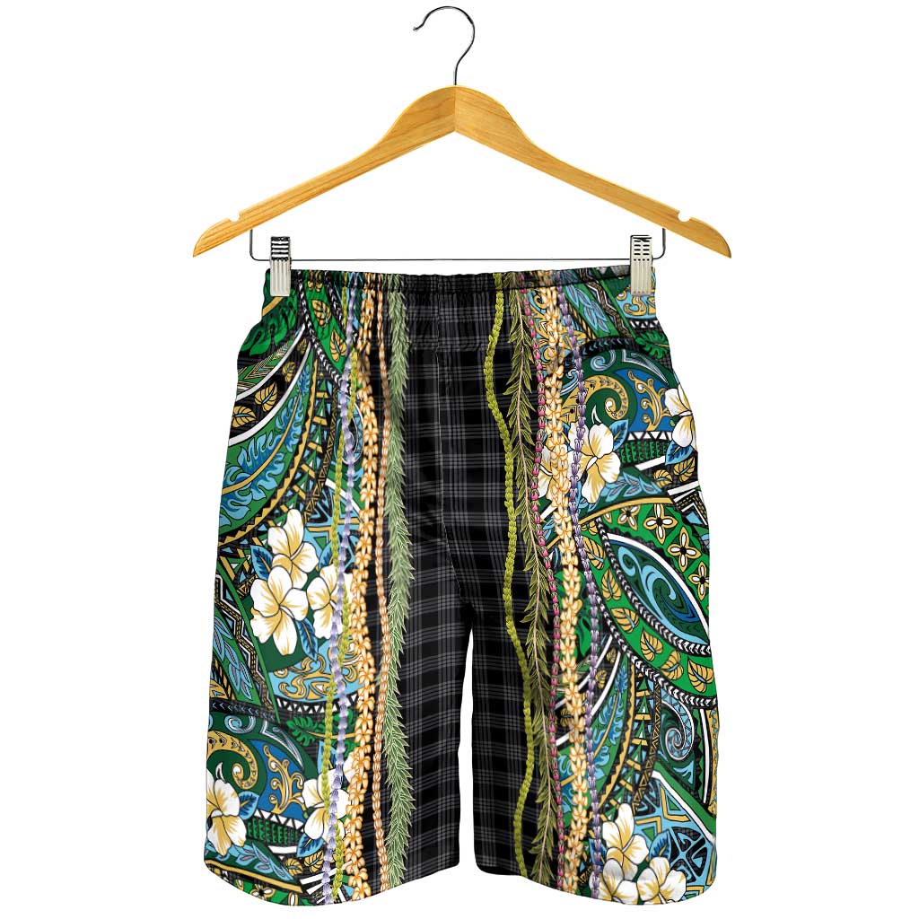 Hawaiian Art Flower Tribal with Lei Shorts for Men Palaka Pattern Black Color LT03 - Polynesian Pride