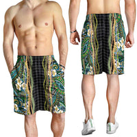 Hawaiian Art Flower Tribal with Lei Shorts for Men Palaka Pattern Black Color LT03 - Polynesian Pride
