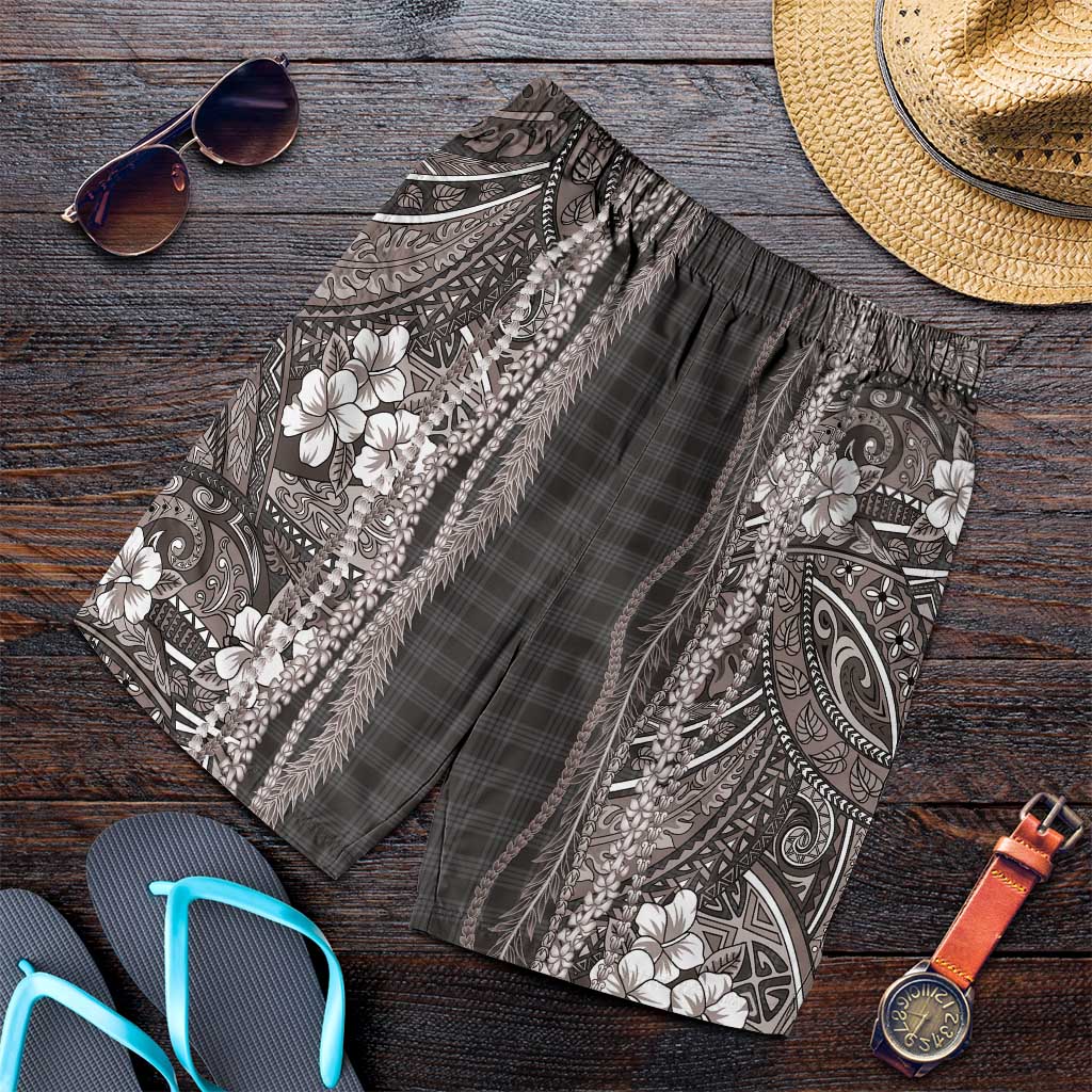 Hawaiian Art Flower Tribal with Lei Shorts for Men Palaka Pattern Grayscale LT03 Gray - Polynesian Pride