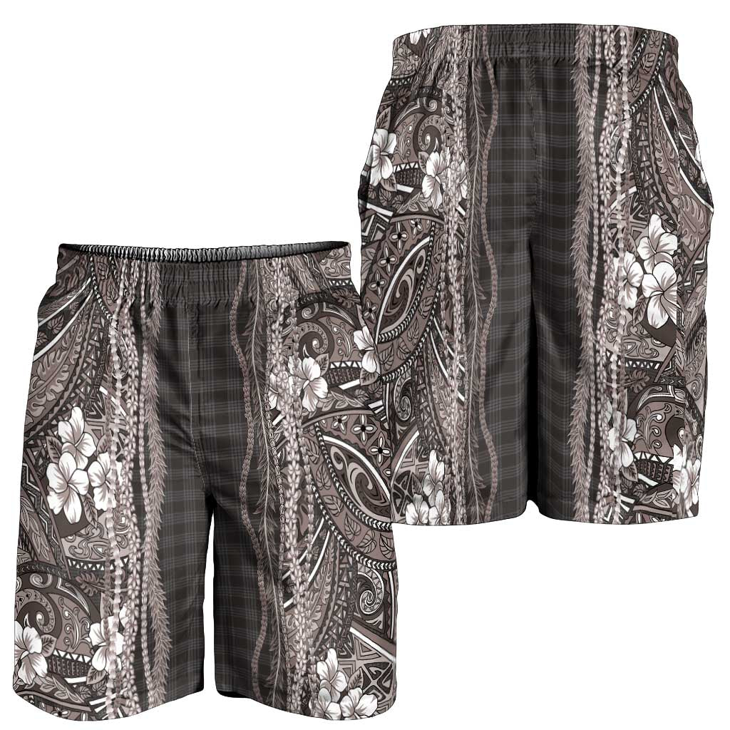 Hawaiian Art Flower Tribal with Lei Shorts for Men Palaka Pattern Grayscale LT03 - Polynesian Pride