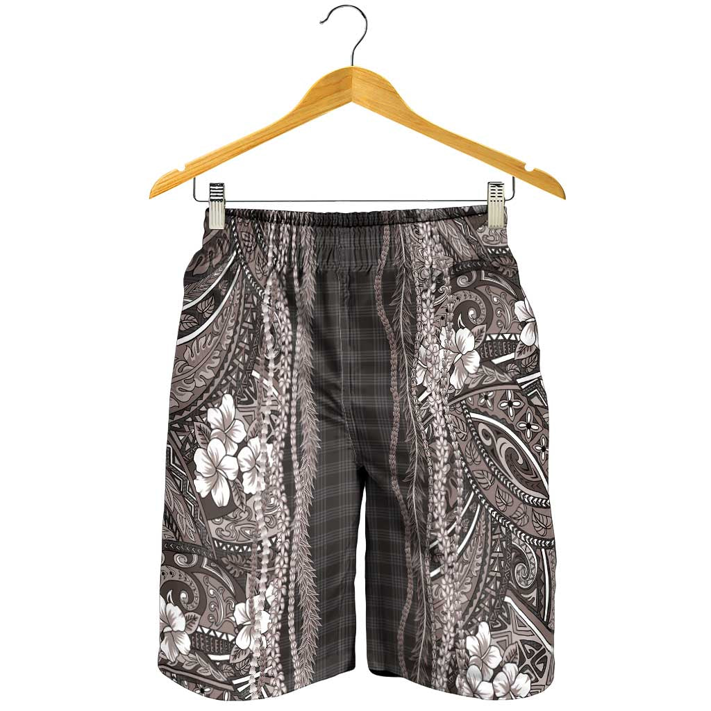 Hawaiian Art Flower Tribal with Lei Shorts for Men Palaka Pattern Grayscale LT03 - Polynesian Pride