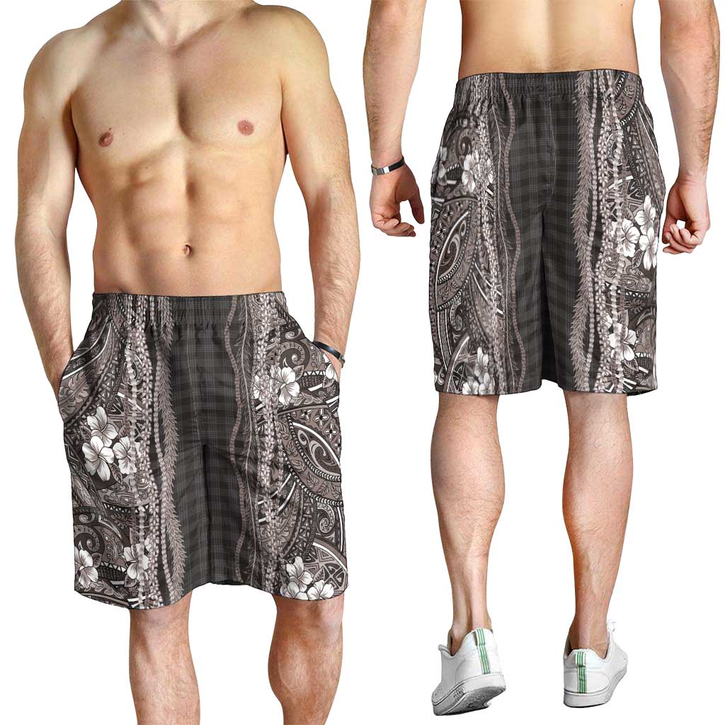 Hawaiian Art Flower Tribal with Lei Shorts for Men Palaka Pattern Grayscale LT03 - Polynesian Pride