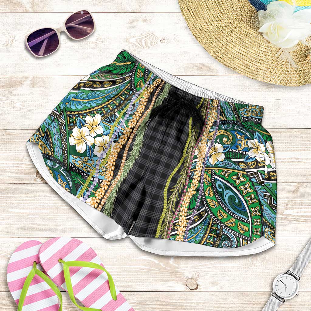 Hawaiian Art Flower Tribal with Lei Shorts for Women Palaka Pattern Black Color LT03 Black - Polynesian Pride