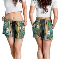 Hawaiian Art Flower Tribal with Lei Shorts for Women Palaka Pattern Black Color LT03 - Polynesian Pride