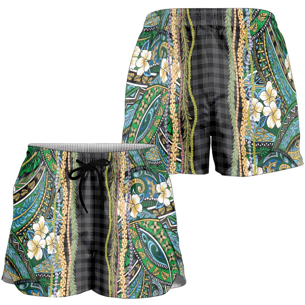 Hawaiian Art Flower Tribal with Lei Shorts for Women Palaka Pattern Black Color LT03 - Polynesian Pride