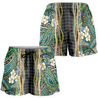 Hawaiian Art Flower Tribal with Lei Shorts for Women Palaka Pattern Black Color LT03 - Polynesian Pride