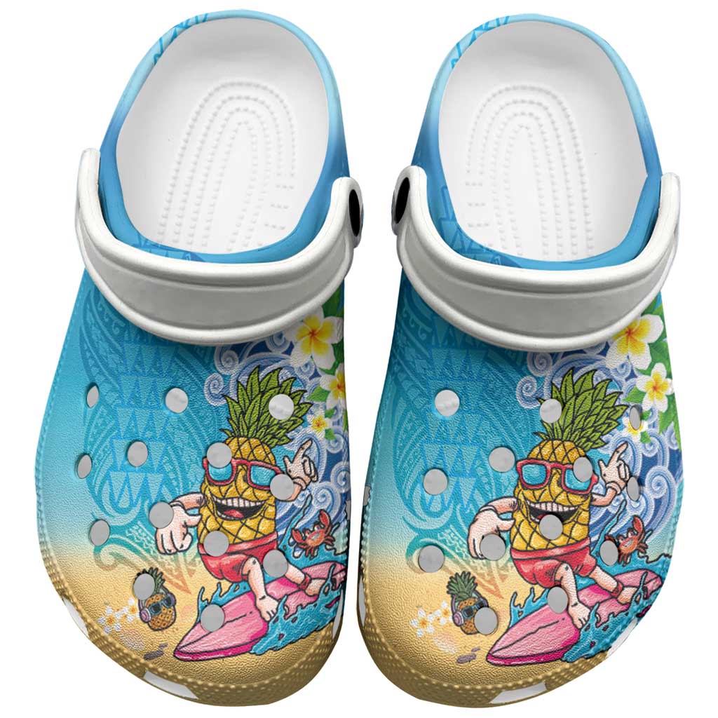 Hawaiian Funny Pineapple Surfing Clogs Shoes Beach with Tribal Kakau and Plumeria LT03