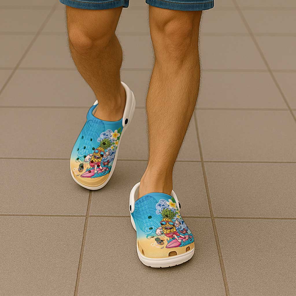 Hawaiian Funny Pineapple Surfing Clogs Shoes Beach with Tribal Kakau and Plumeria LT03