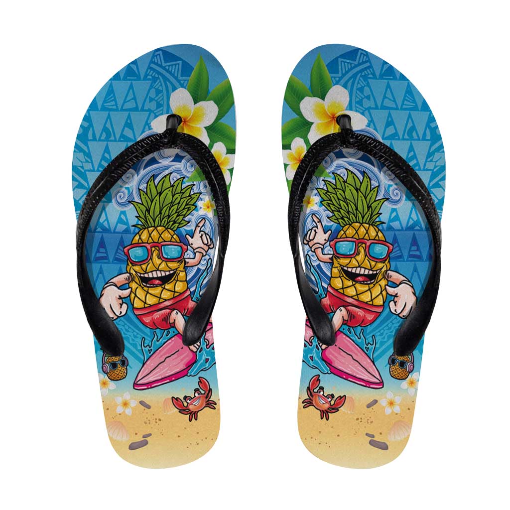 Hawaiian Funny Pineapple Surfing Flip Flops Beach with Tribal Kakau and Plumeria
