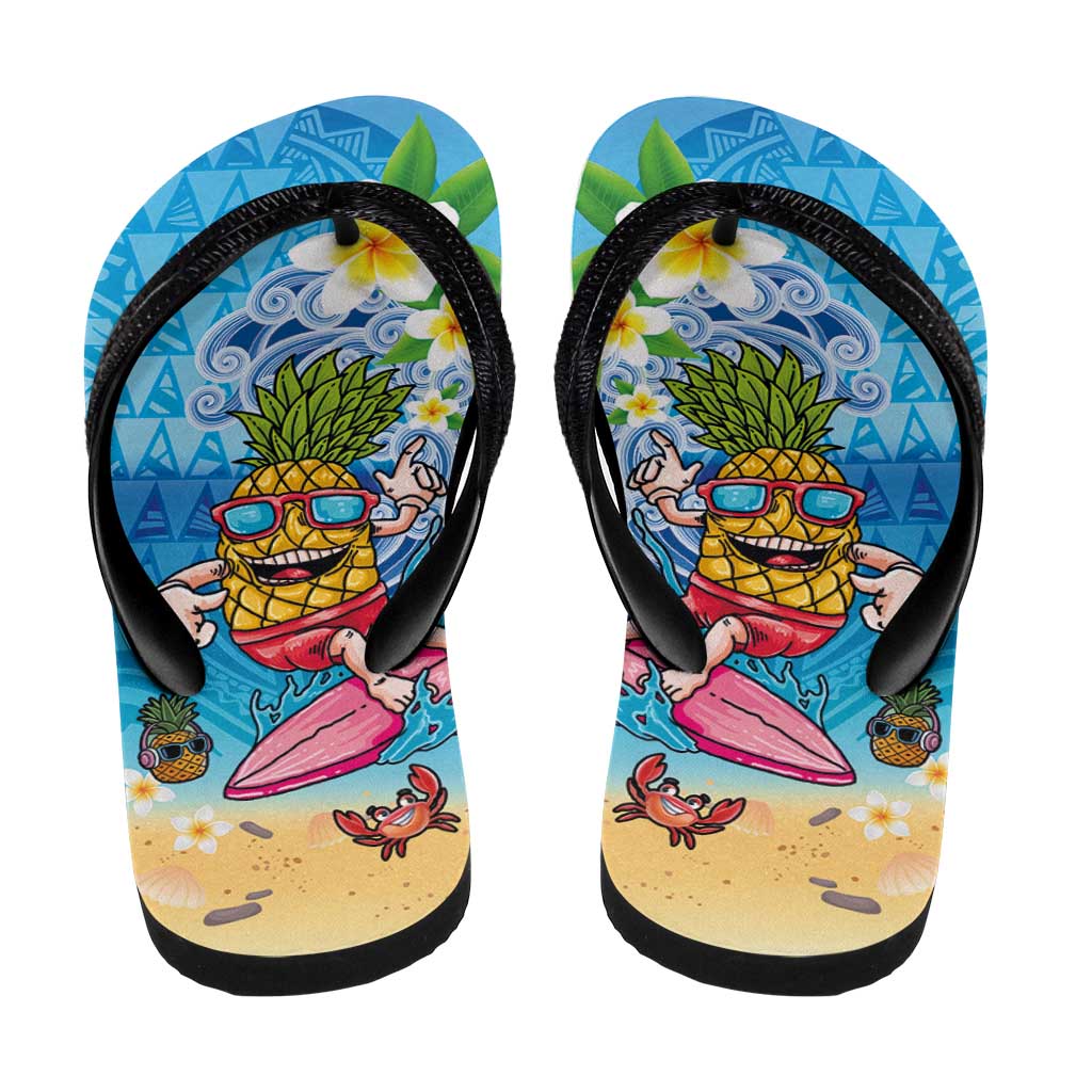 Hawaiian Funny Pineapple Surfing Flip Flops Beach with Tribal Kakau and Plumeria LT03 - Polynesian Pride