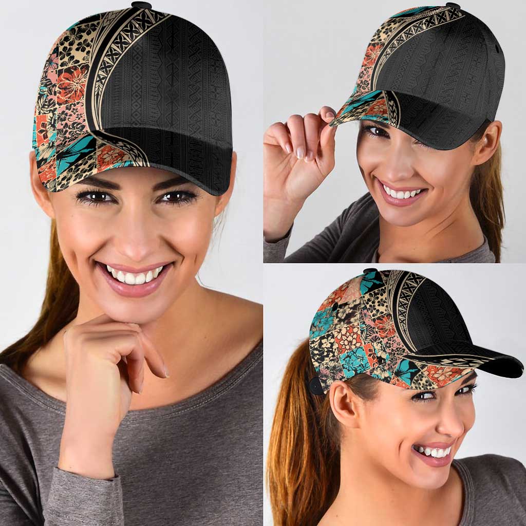 Hawaiian Hibiscus and Tropical Leaves Classic Cap Patchwork Grunge Abstract Tapa Tribal Pattern LT03